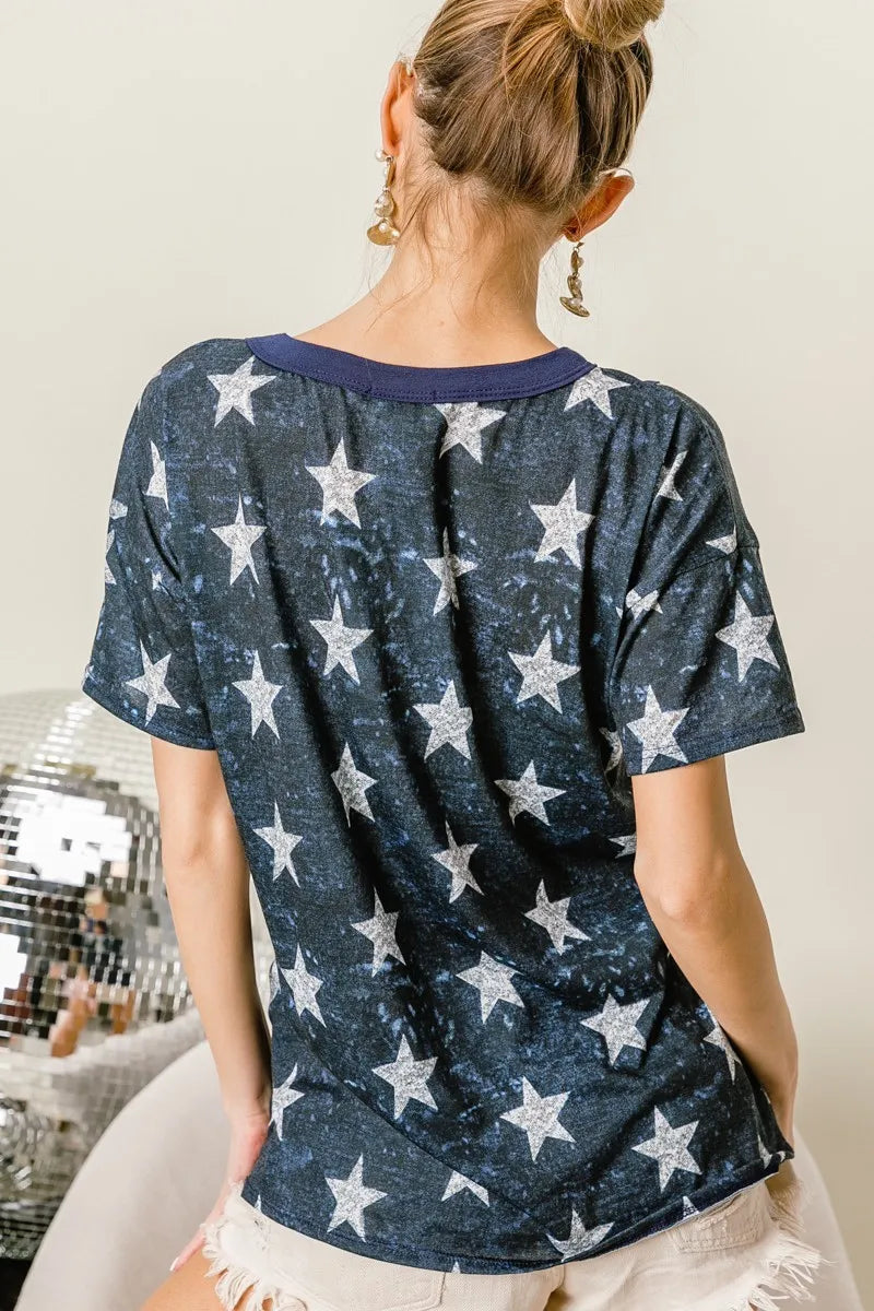 BiBi Vintage Star Print Top With Contrast Caged Neck - Love Salve